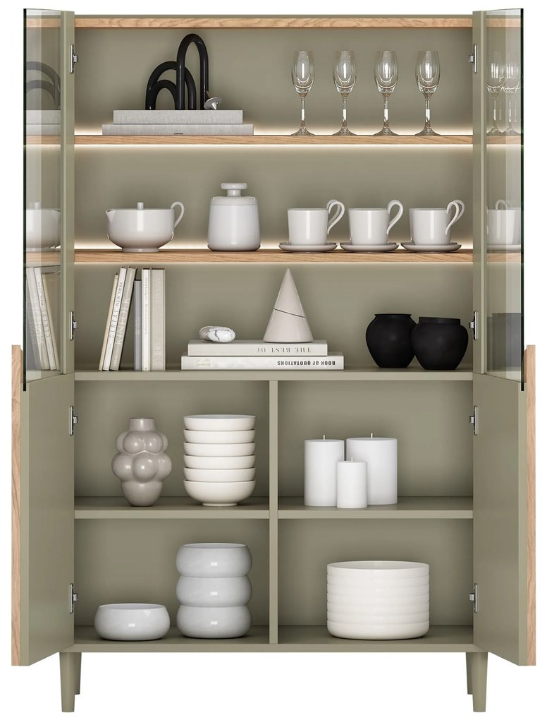 Amilio vitrines szekrény 100 cm kétajtós lábakon - eukaliptusz / baltic dune tölgy / natúr tölgy fogantyúk