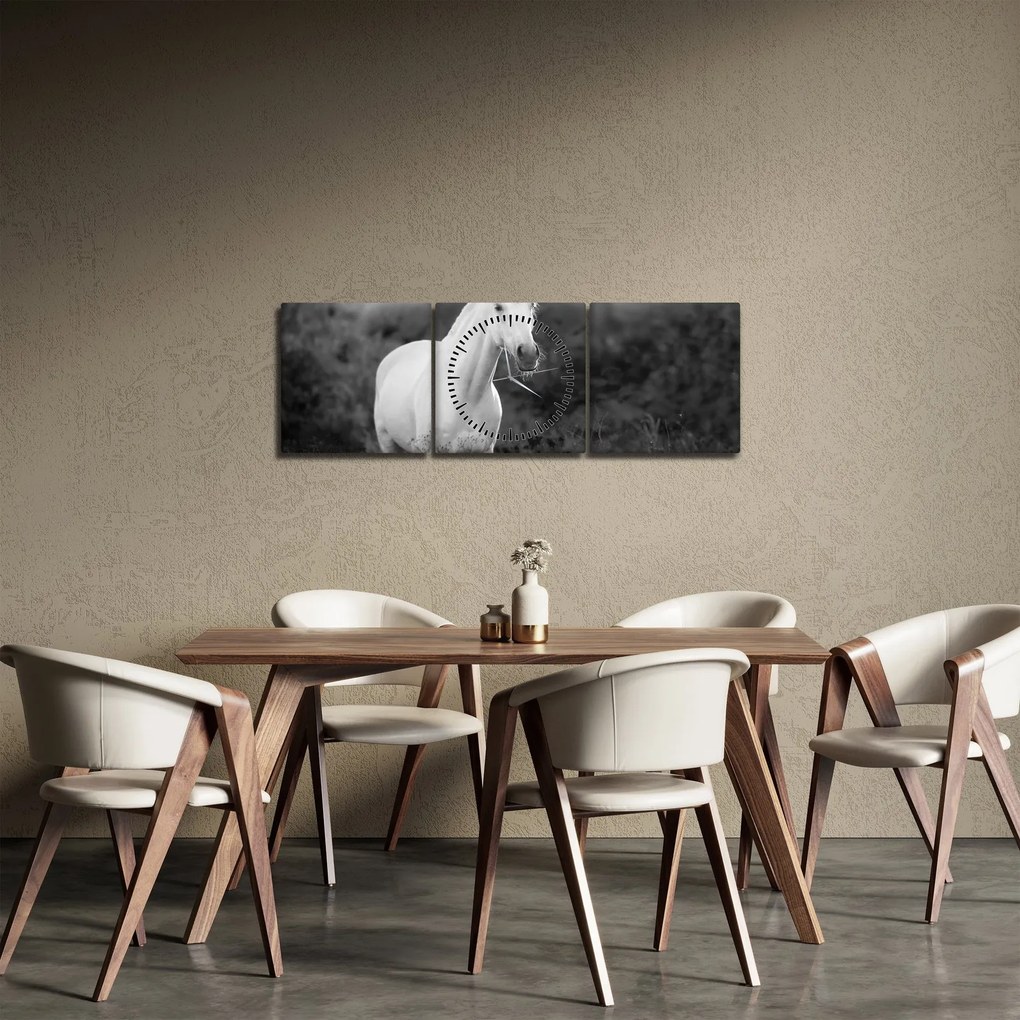 Egy fehér ló képe egy réten, fekete-fehér (órával) (90x30 cm)