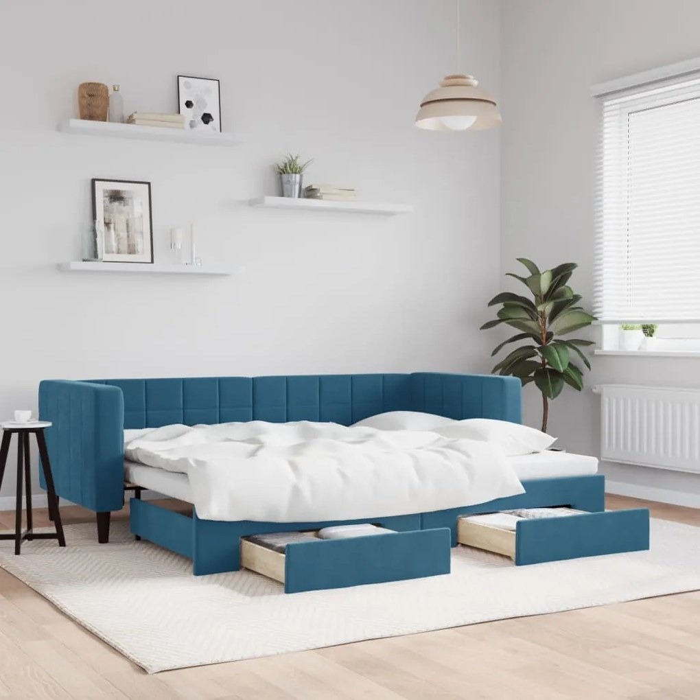 kék kihúzható bársony heverő fiókokkal 80 x 200 cm