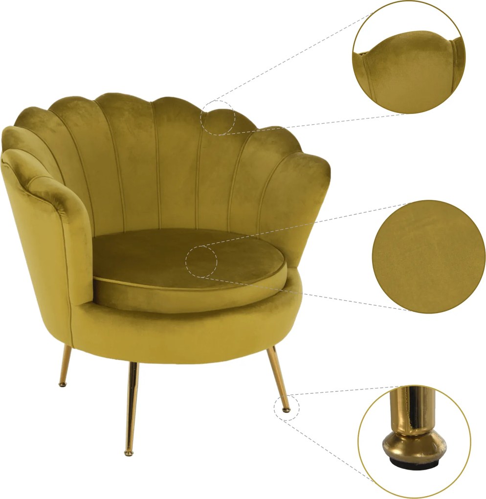 Fotel Art-deco stílusban, mustár színű Velvet anyag/gold chróm-arany, NOBLIN