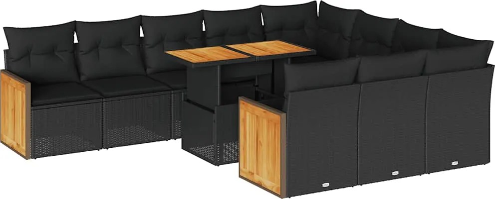 vidaXL 11 részes fekete polyrattan akácfa kerti ülőgarnitúra párnákkal