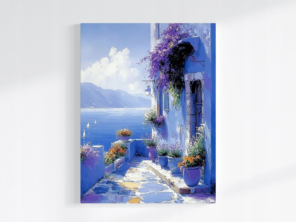Vászonkép Canvas Tájkép Kilátás Görögország Tenger Ház Terasz Virágok 75x100