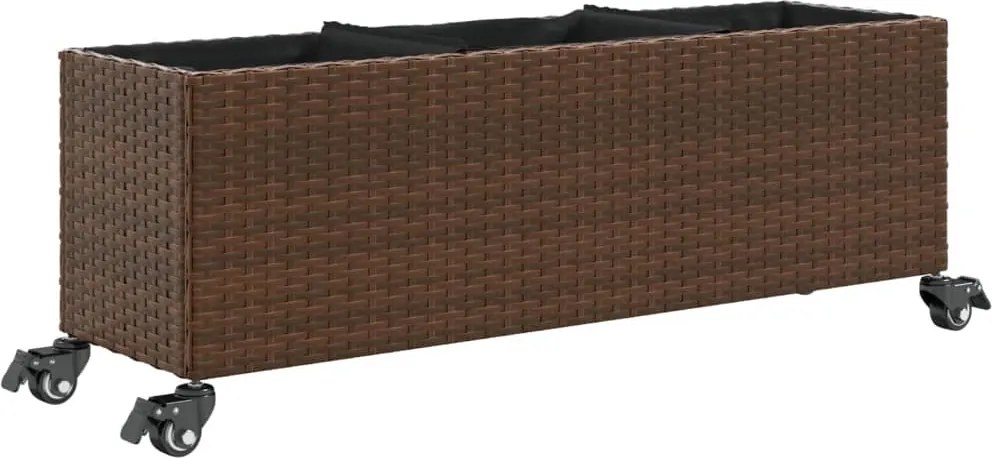 vidaXL barna polyrattan növénytartó kerékkel/3 cseréppel 107x32x38 cm