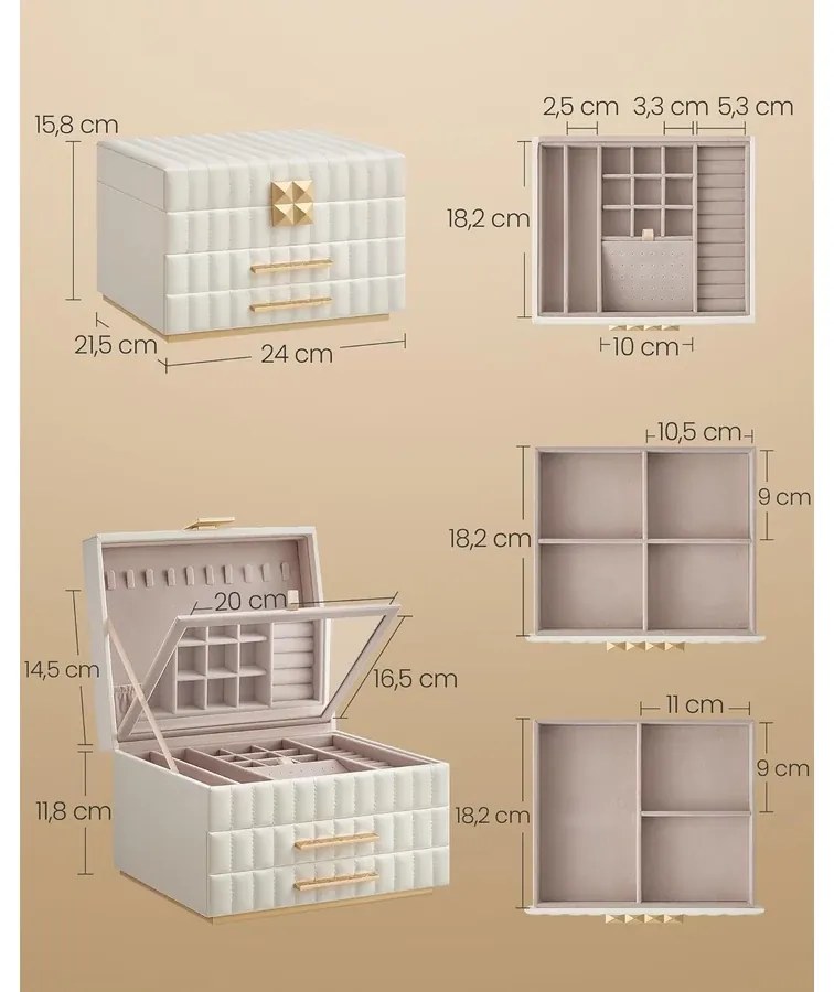 3 szintes ékszerdoboz tükörrel, ékszertartó 2 fiókkal, felhőfehér