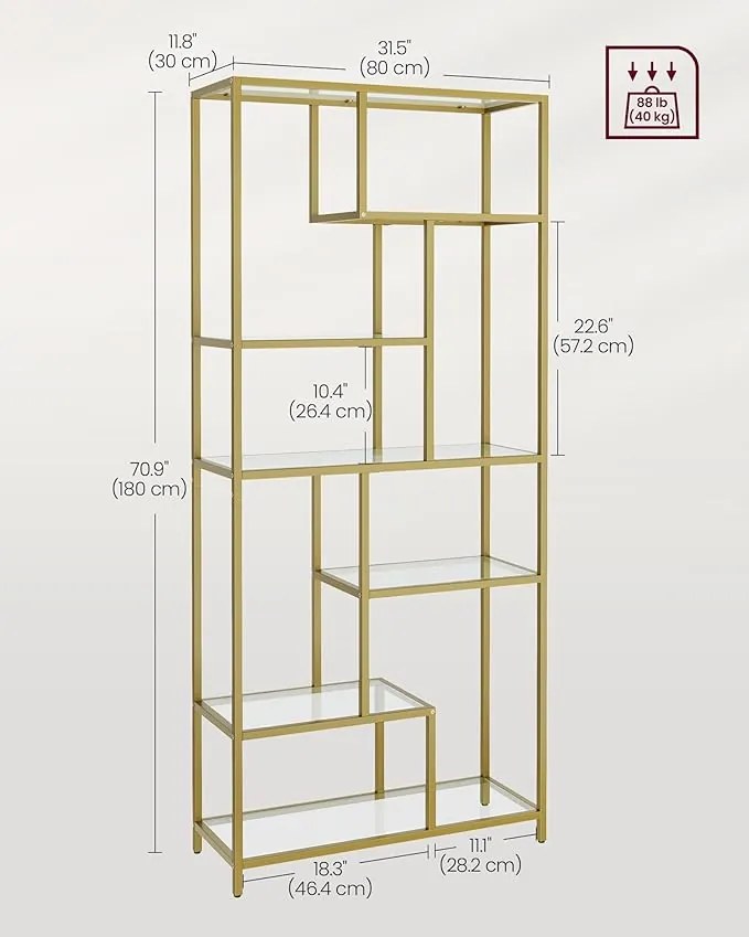 Könyvespolc, 6 szintes magas könyvszekrény 30 × 80 × 180 cm, fémes arany színben