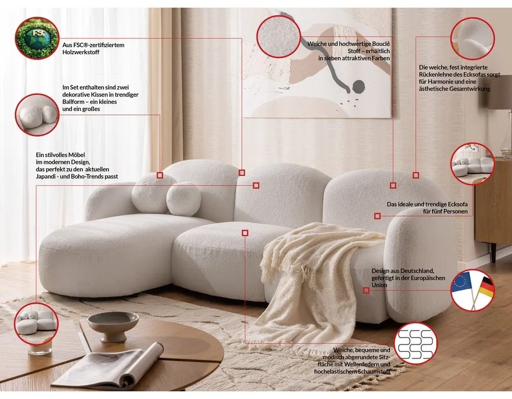 Krémszínű buklé sarokkanapé (bal oldali-heverő résszel) Orbit – Ropez