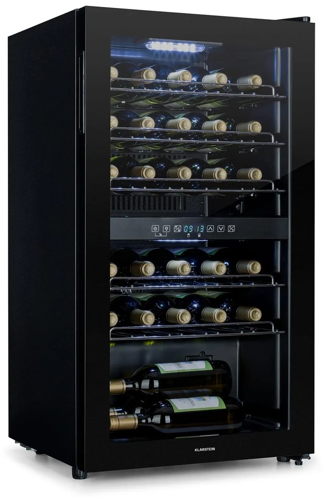 Klarstein Shiraz 29 Duo, borhűtő, 80 liter, 29 palack, 2 zóna, 5 - 22 °C, érintős, fekete