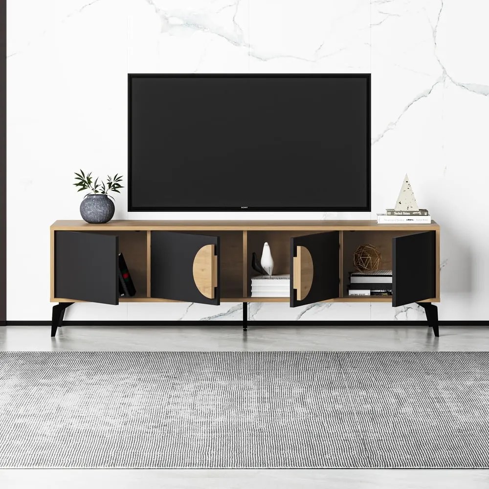 Fekete-natúr színű TV-állvány tölgyfa dekorral 180x51 cm Vae – Marckeric
