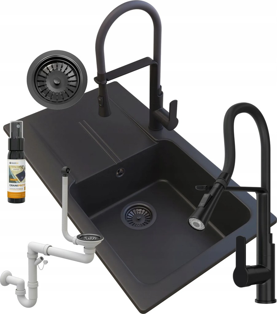 Gránit Mosogató Fekete Tasos Konyhai Csaptelep +szifon
