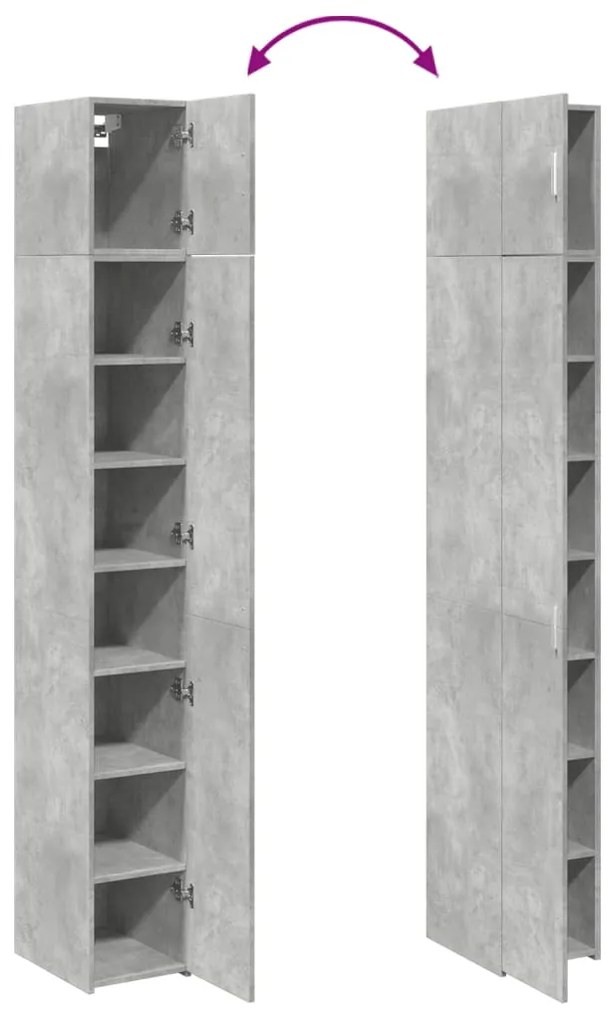 betonszürke szerelt fa vékony tárolószekrény 30 x 42,5 x 225 cm