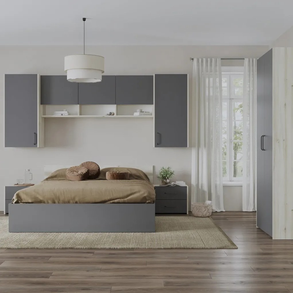 Malmo V17 hálószoba szett 160 x 200 cm-es ággyal, Fehér tölgy / Antracit