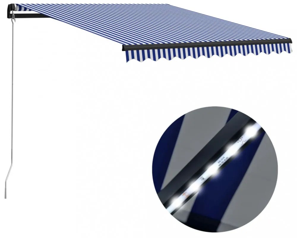 kék és fehér kézzel kihúzható LED-es napellenző 300 x 250 cm