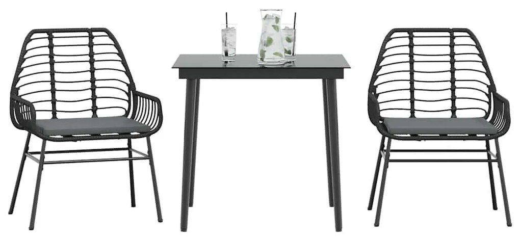 vidaXL 3 részes fekete polyrattan üveg kerti étkezőgarnitúra párnákkal