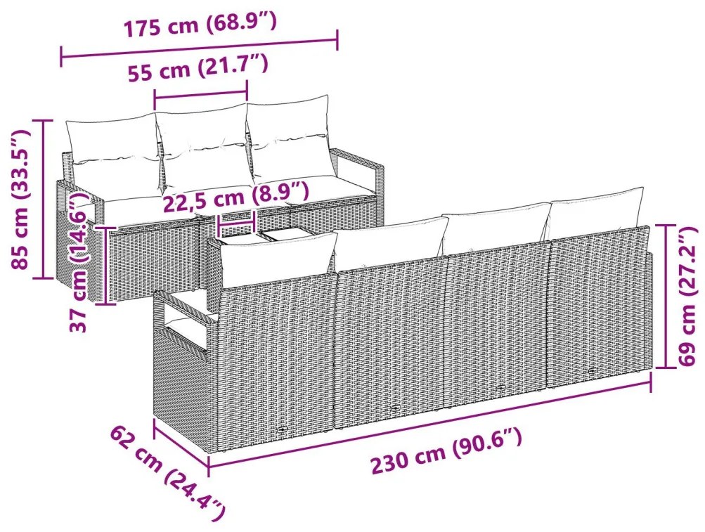 8 darabos kerti kanapé szett párnákkal szürkében - Poli Rattan, 2 személyes kerti kanapé párnákkal szürkében - Poli Rattan