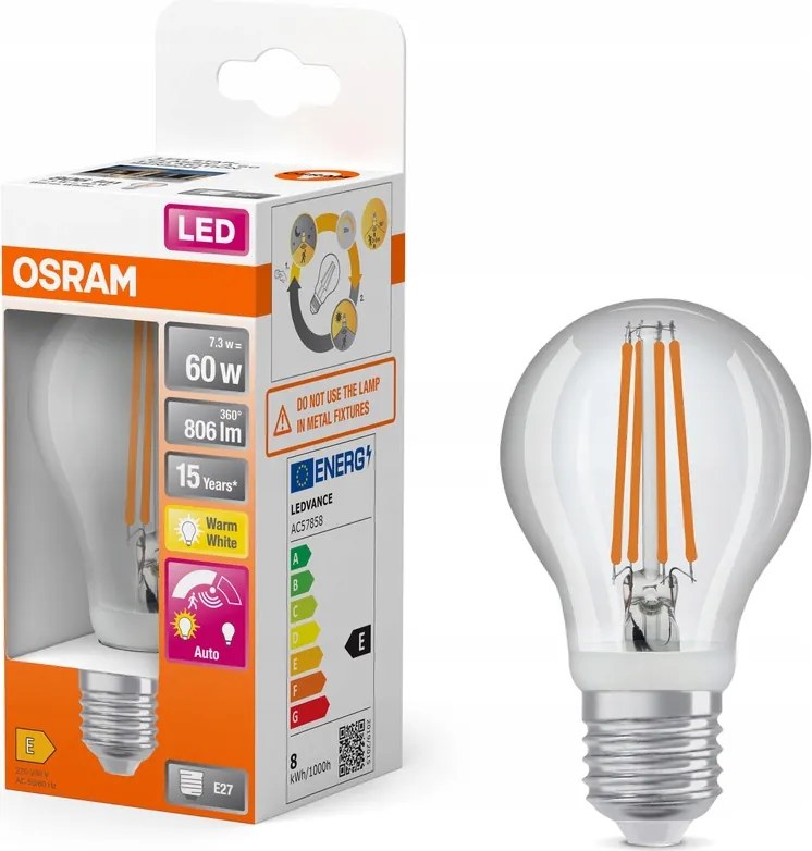 Led izzó A60 E27 7,3W 60W 806lm 2700K Meleg fehér Filament Osram