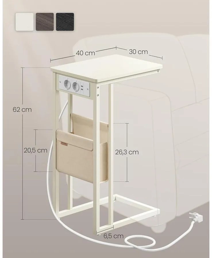 Oldalasztal, éjjeliszekrény beépített elosztóval krémfehér színben