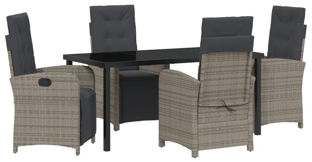 5 darabos kerti étkező szett párnákkal, szürke poli-rattan, Kerti asztal fekete 160x80x73 cm edzett üvegből