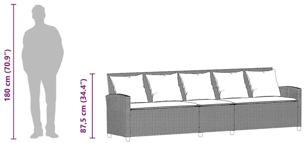 5 személyes barna polyrattan kerti kanapé párnával