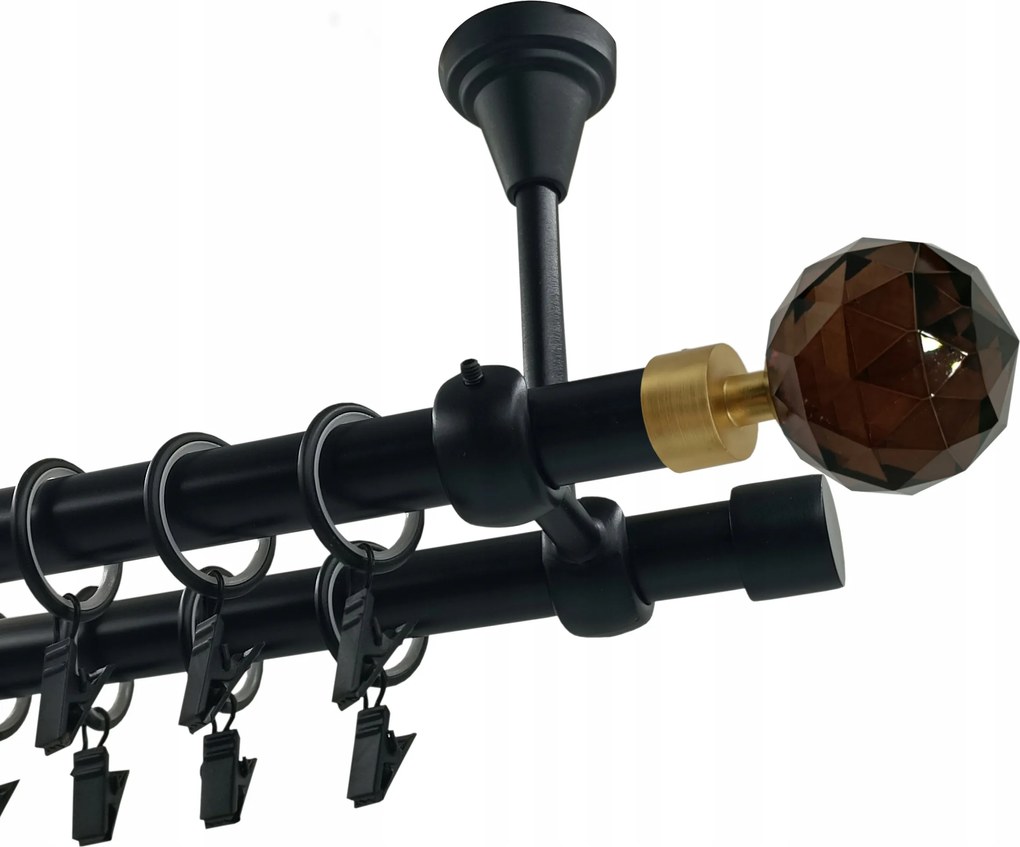 Dupla fém függönykarnis, mennyezetre szerelhető, 19+19 mm, matt fekete, 400 cm, Crystal Brown Gold