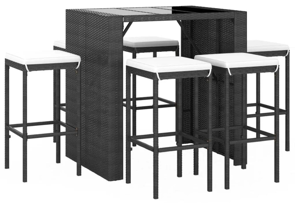 7 részes fekete polyrattan kerti bárszett párnákkal