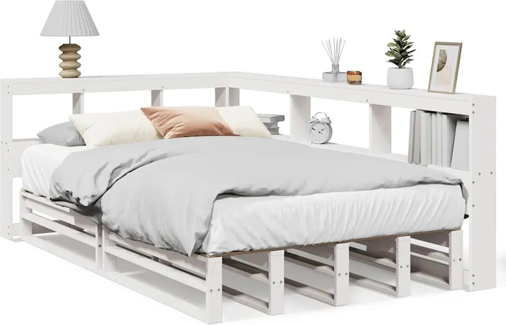 vidaXL fehér tömör fenyőfa könyvespolcos ágy matrac nélkül 120x190 cm