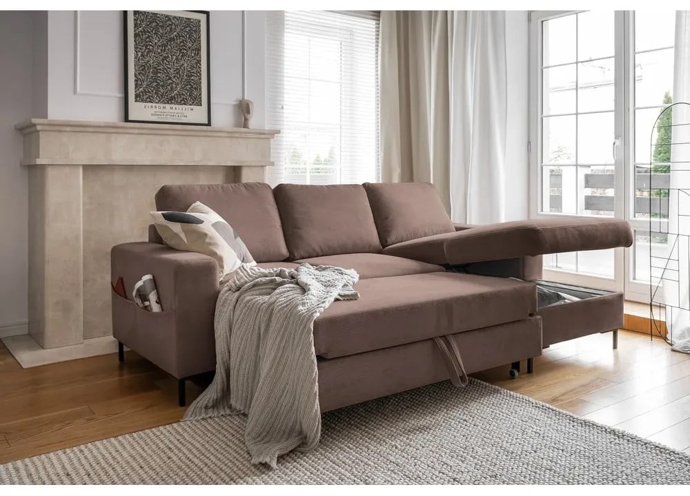 Barna kordbársony kinyitható sarokkanapé (jobb oldali) Lofty Lilly – Miuform