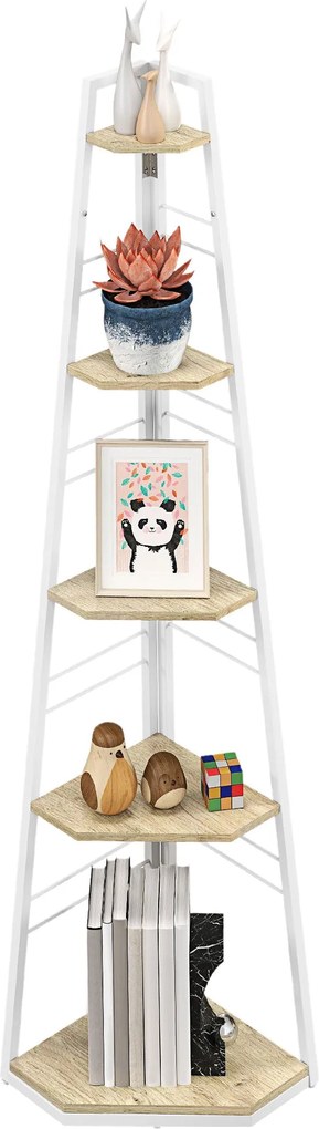 HOMCOM 5-Szintes Sarok Könyvespolc, Modern Összecsukható Polc Állítható Lábakkal, Acél és Fa Könyvespolc, 37.5x37.5x160 cm, Fa szín | Aosom