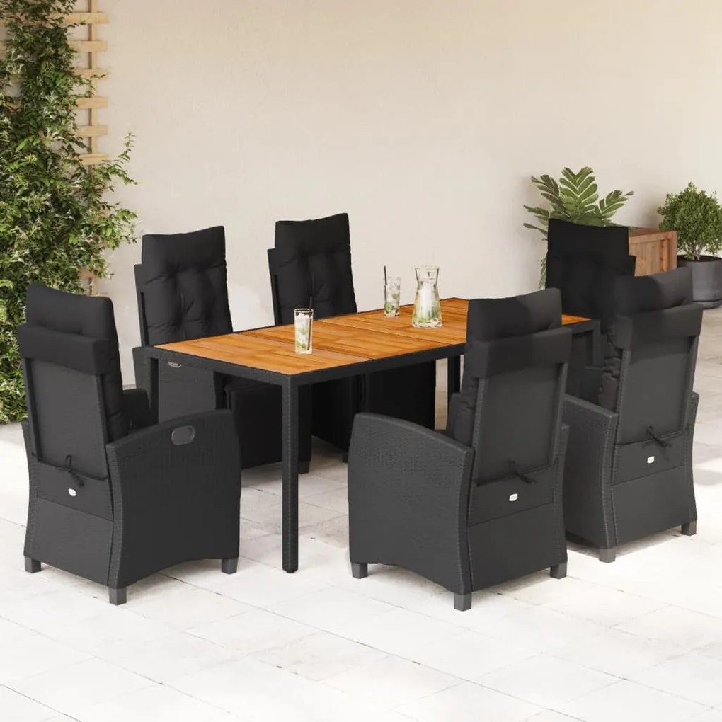 7 részes fekete polyrattan kerti étkezőgarnitúra párnával