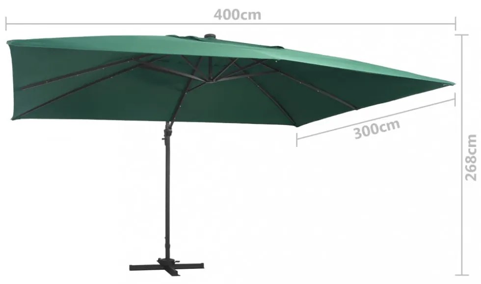 zöld konzolos napernyő LED-del és alumínium rúddal 400 x 300 cm