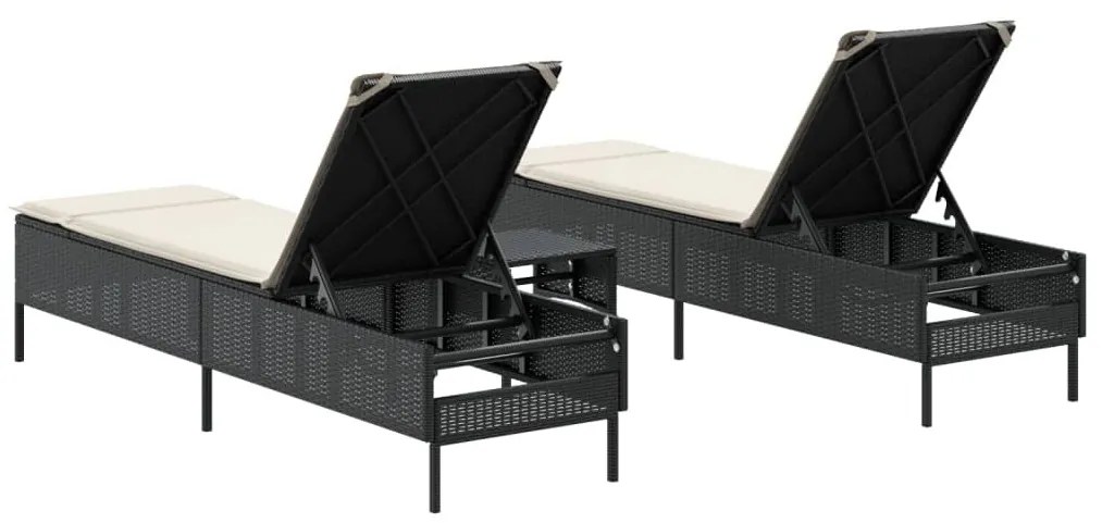 3 részes fekete polyrattan napozóágy szett párnával