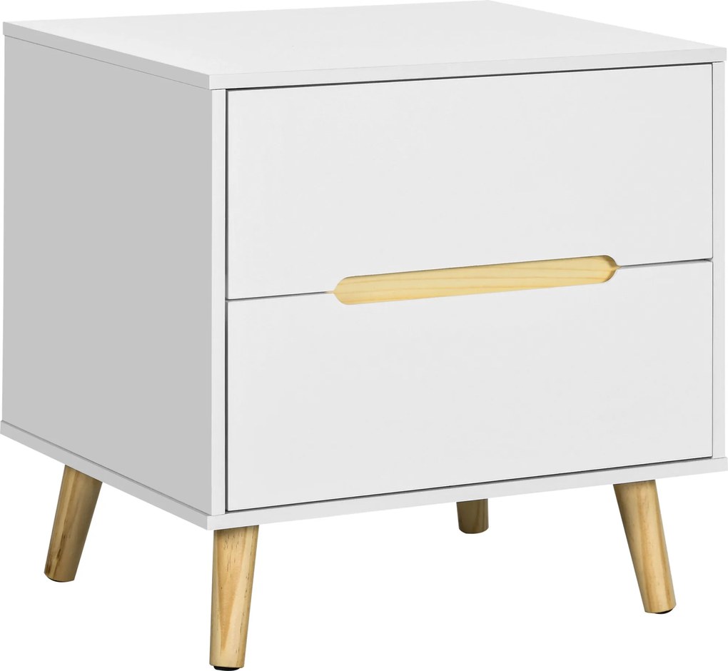 HOMCOM Ágy melletti asztal 2 fiókkal és fa lábakkal Modern Stílus 50x40x50,5 cm Fehér | Aosom