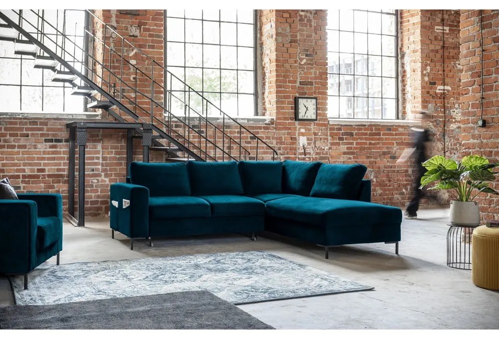 Türkiz bársony kinyitható sarokkanapé (jobb oldali) Lofty Lilly – Miuform