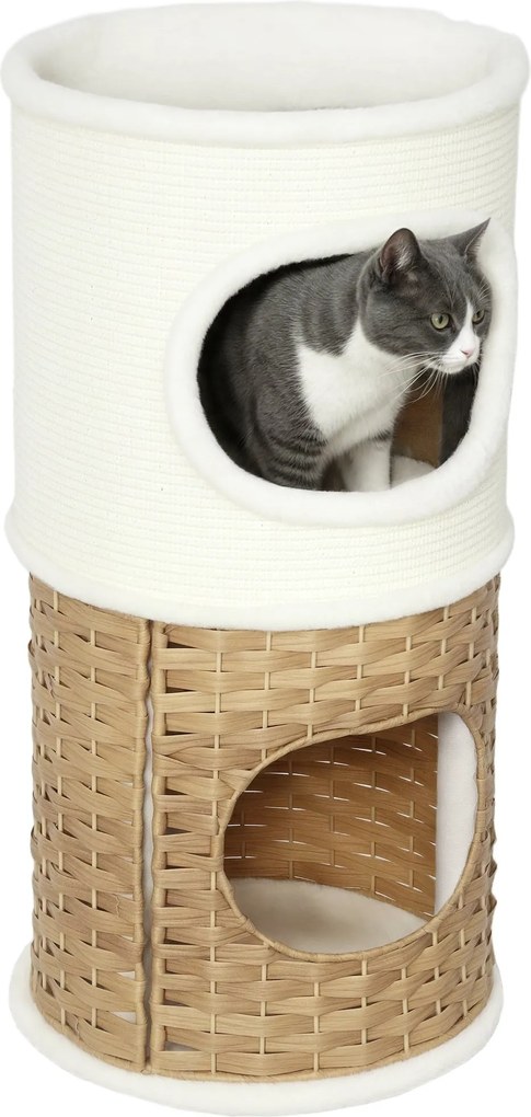 PawHut Kaparó Gömb 80 cm Magas Ø 40 cm Háromszintes Macska Gömb Plüss Szegéllyel, Macska Búvóhely, Kaparóoszlop Közepes Méretű Macskák Számára, Krémfe