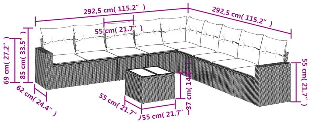 10 részes bézs polyrattan kerti ülőgarnitúra párnával