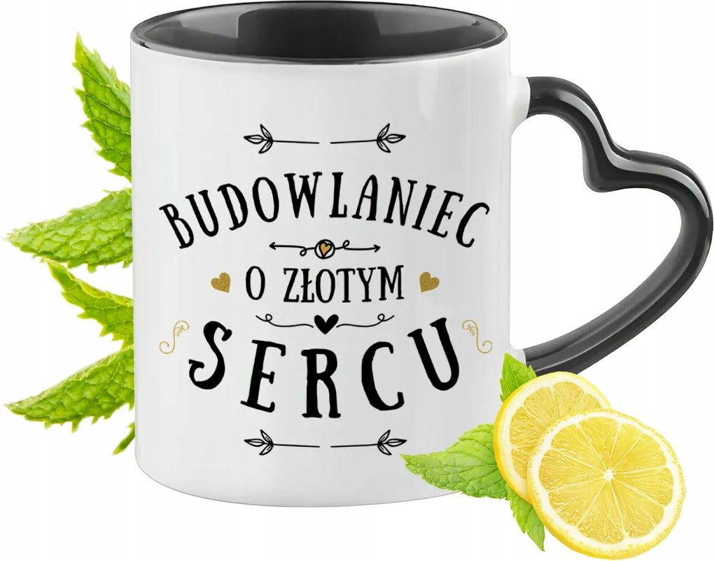 Fekete bögre szív alakú füllel építőnek ajándékba