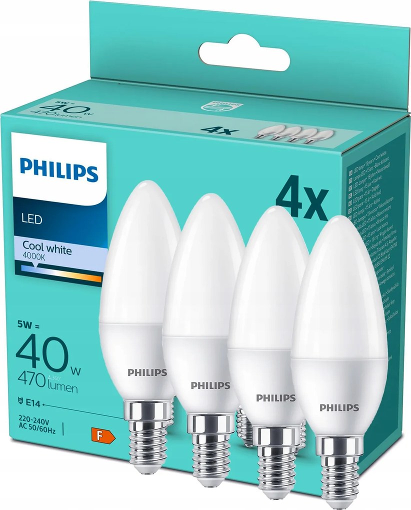 4PAK Led izzó E14 B35 5W 40W 470lm 4000K Semleges Tejfehér Philips