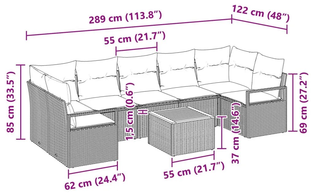 8 Darabos Kert Kanapé Szett Párnákkal Fekete Poli Rattan Akáciával, 2-Fős Kert Kanapé Párnákkal Fekete Poli Rattan