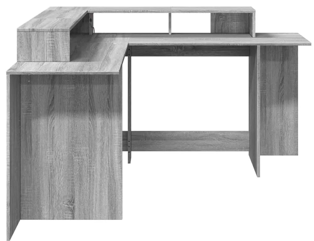 szürke sonoma színű szerelt fa LED-es íróasztal 152x152x91 cm