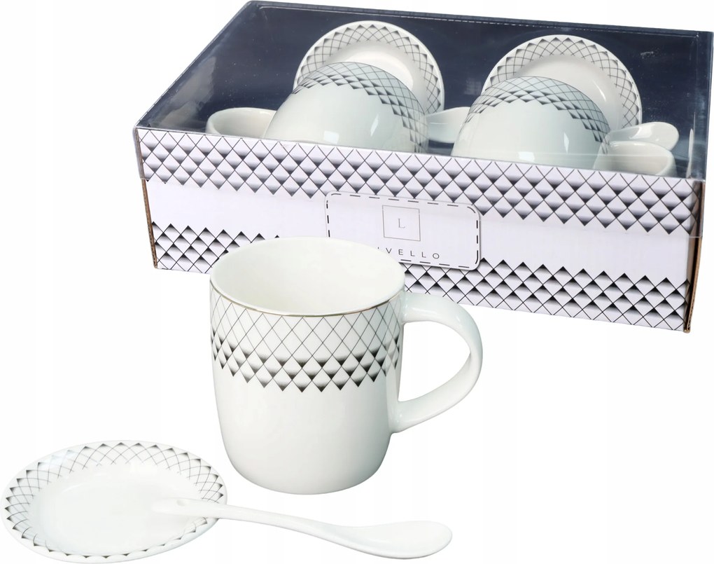 Szett 2x porcelán bögre ajándék 340 ml Livello csészealj kanál zł arany csík