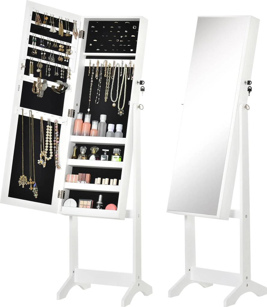HOMCOM Álló Ékszertükör Szekrény 3 Állítható Szöggel, Magnetikus Zárral, Ékszer Szervező Polcokkal, Fülbevaló Fakkokkal, Gyűrű Horgokkal és Nyakláncok