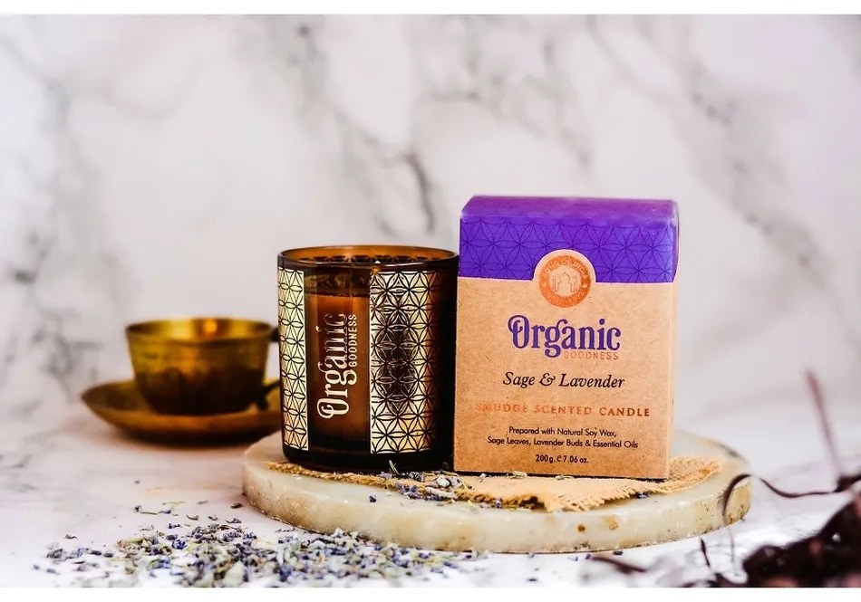 Szerves gyertya Sage & Lavender 200 g üvegbenaranyfóliával