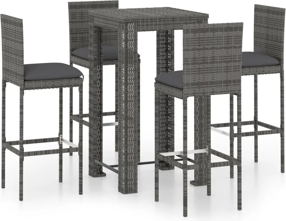 vidaXL 5 részes szürke polyrattan kerti bárszett párnákkal