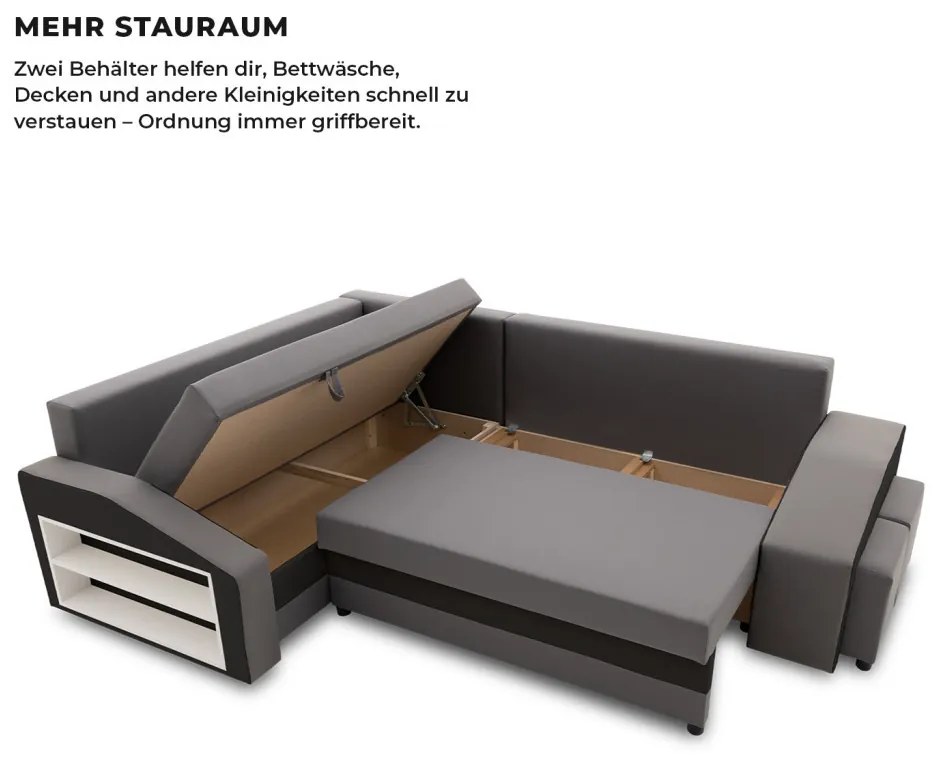 Grande sarokkanapé polcokkal és puffokkal , polc a bal karfaban puffok a jobb karfaban, baloldali, szövet anyag, bonell töltet, szürke - fekete