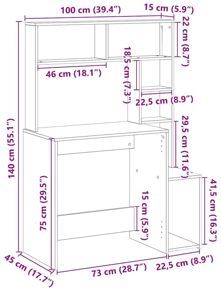vidaXL kézműves tölgy szerelt fa íróasztal polcokkal 100x45x140 cm