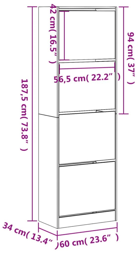 sonoma tölgy cipőszekrény 4 kihajtható fiókkal 60x34x187,5 cm