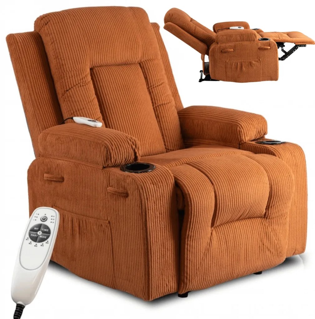 Elektromosan Vezérelhető Masszázsfunkciós Relaxfotel Rozsdabarna Kordbársony Kárpittal. BOX2