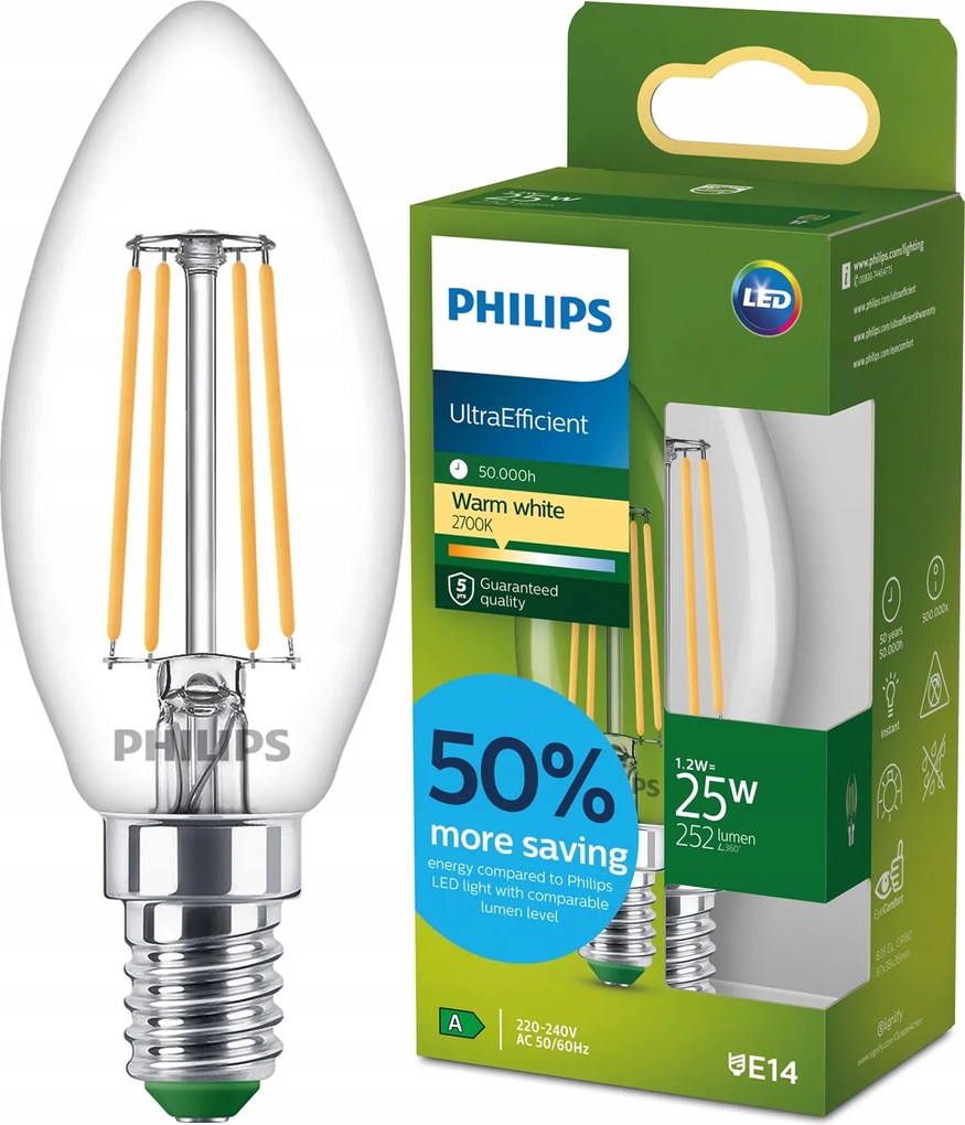 Led izzó E14 Gyertya B35 1.2W 25W 210lm/W 2700K A-osztály Philips