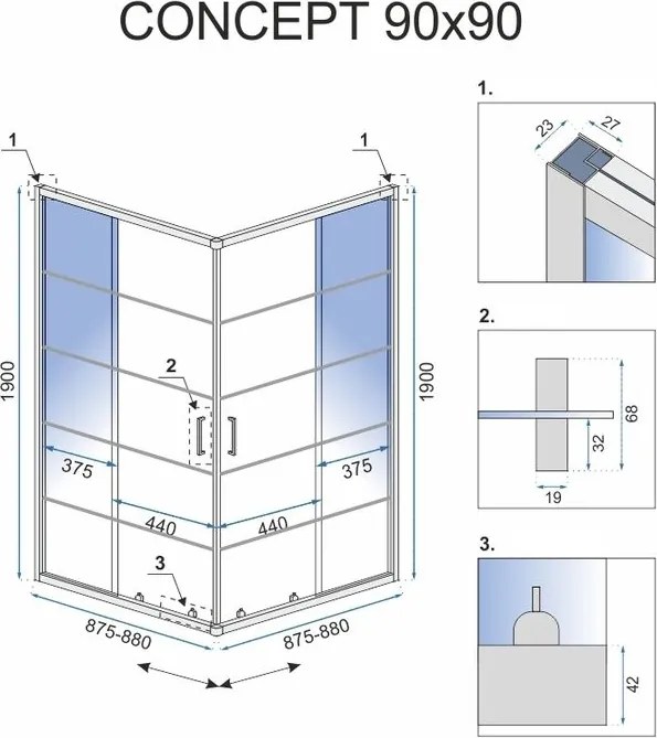 Rea - Concept zuhanykabin tolóajtóval 90 x 90 cm, fekete profil - átlátszó üveg 5 mm, REA-K5478