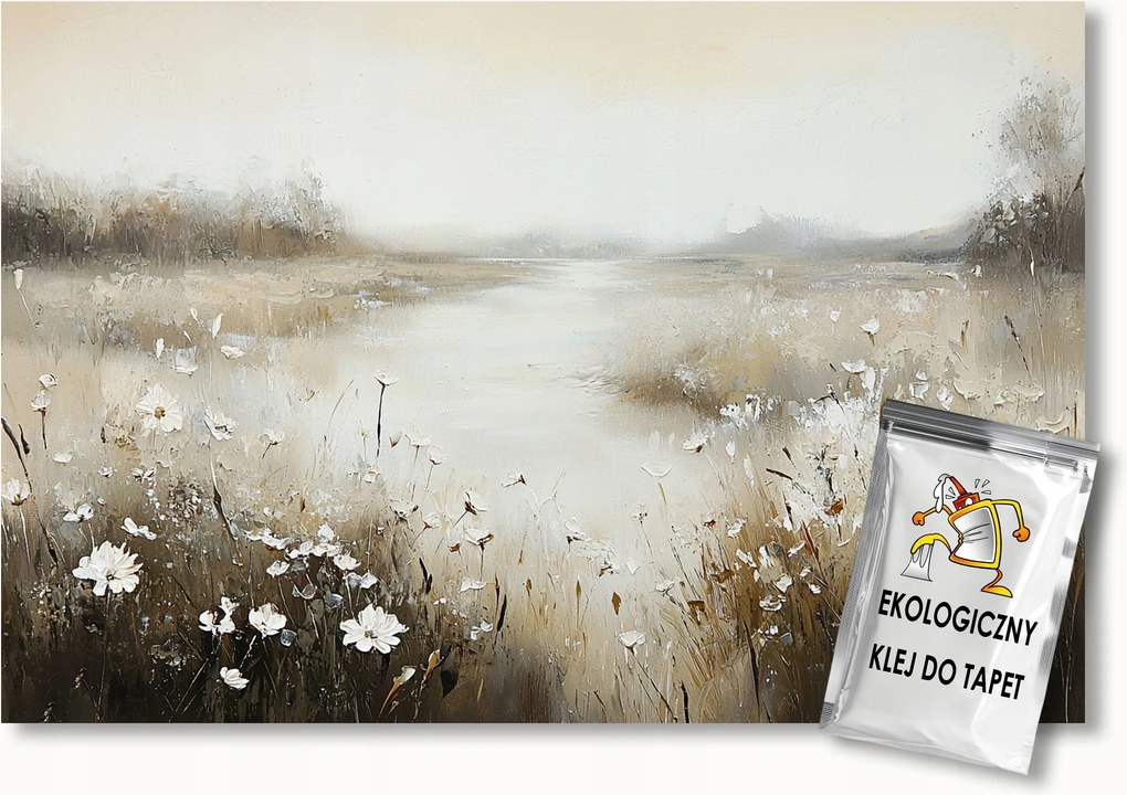 Fotótapéta Flizelina Tájkép Rét Patak Folyó Virágok Bézs 100x75 ragasztó