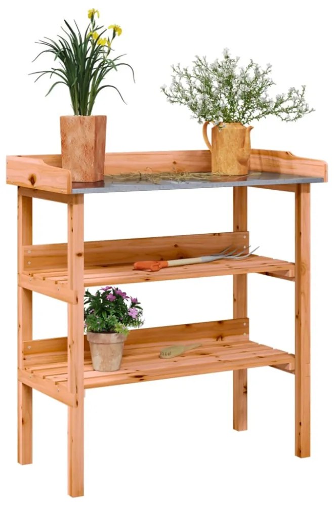 barna tömör fenyőfa növénytartó asztal polcokkal 78x38x82,5 cm